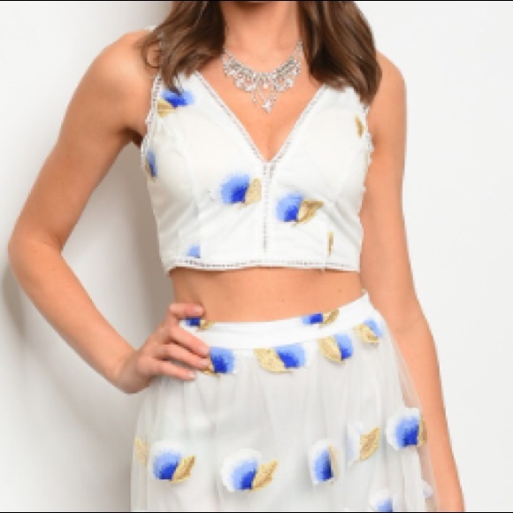 Ivory & blue 2 pc. set w/embroidered midi skirt - Picture 4 of 7